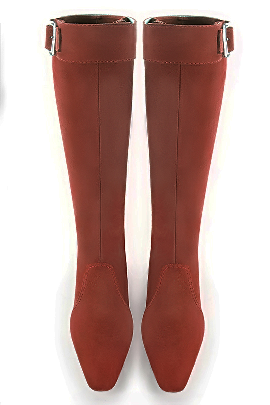 Terracotta orange women's feminine knee-high boots. Square toe. Medium block heels. Made to measure. Top view - Florence KOOIJMAN